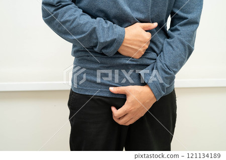 Hernia, Asian man stomach ache, abdominal pain and urology problem health. Hernia, Asian man stomach ache, abdominal pain and urology problem health. 121134189