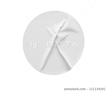Blank white round paper sticker label isolated on white background 121134291