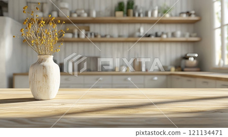 Minimalist Kitchen Decor with Vase and Flowers on Wooden Table Minimalist Kitchen Decor with Vase and Flowers on Wooden Table 121134471