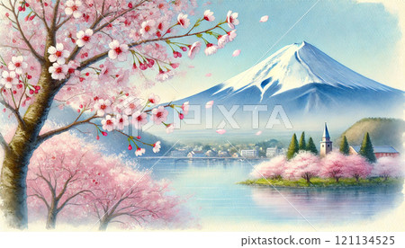 美麗的富士山和櫻花插畫水彩風格 121134525