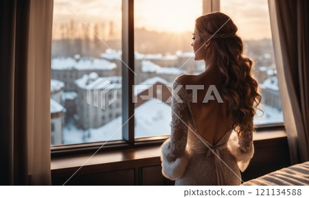 Woman meets snowy winter morning in luxus hotel room, back view. AI 121134588