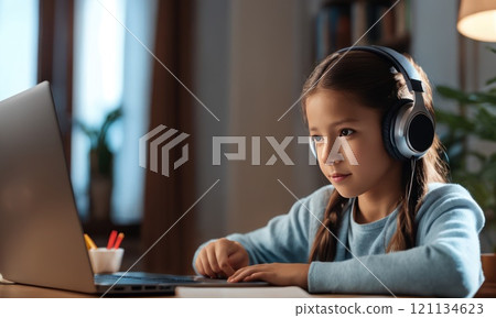 School child studying homework during online lesson at home by laptop with headphones, online education and tutoring concept. close up of school girl. AI 121134623