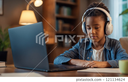 School child studying homework during online lesson at home by laptop with headphones, online education and tutoring concept. close up of school boy. AI 121134624