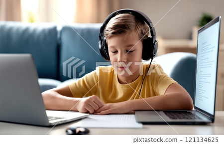 School child studying homework during online lesson at home by laptop with headphones, online education and tutoring concept. close up of school boy. AI 121134625