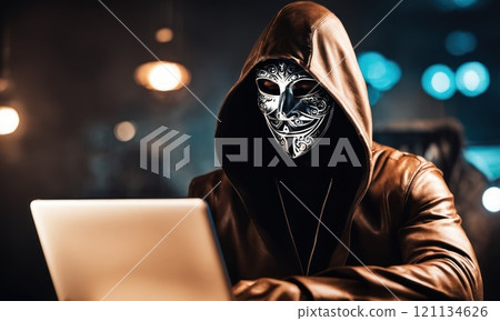 A man in mask with hood behind laptop. Symbol of group of hackers and anti system uprising against governments. Obscured dark face using computer for cyber attack, Data thief, internet attack. AI 121134626