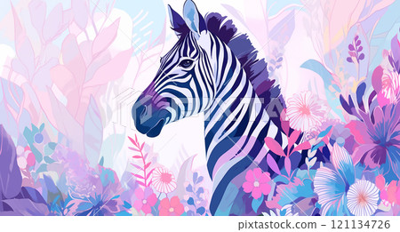 卡通花丛中的斑马插画 卡通花丛中的斑马插画 121134726