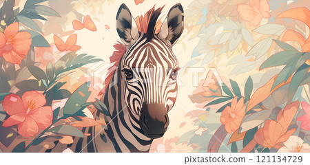 卡通花丛中的斑马插画 121134729