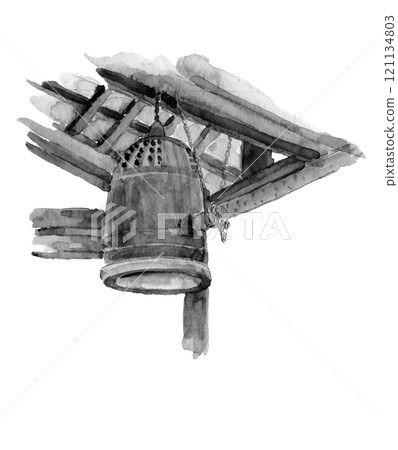 Monotone landscape with a bell painted in watercolor [hand-drawn illustration] with copy space 121134803