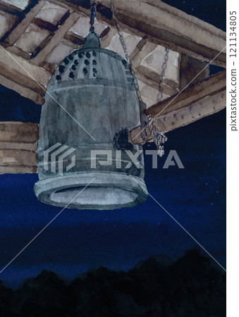 Landscape with a bell painted in watercolor [hand-drawn illustration] with copy space 121134805