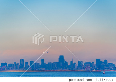 [Chiba Prefecture] View of Tokyo from Umihotaru PA: Ships and planes passing by, distant view 121134995