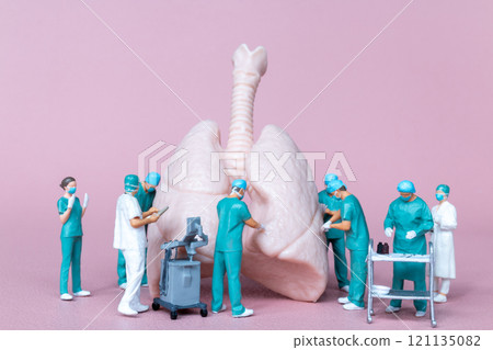 Miniature figures, medical team performing surgery on a detailed anatomical lung model Miniature figures, medical team performing surgery on a detailed anatomical lung model 121135082