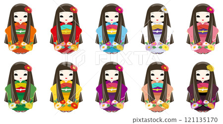 一組彩色插畫，身穿和服的日本大菊娃娃，膚色蒼白，眼睛略顯恐怖，長髮。 121135170