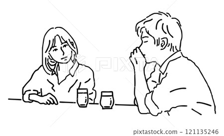 Line drawing of a man and woman talking in front of a drink 121135246