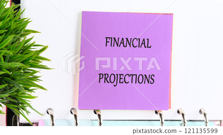 Organizing financial projections in a colorful planner binder with greenery 121135599