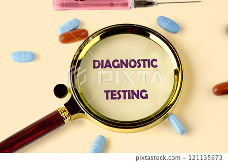 Diagnostic testing tools with a magnifying glass highlighting important text and colorful pills arranged around them 121135673
