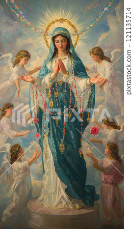 A religious depiction of the Virgin Mary, dressed in white and blue, is surrounded by angels in an ornate, oil painting style. She stands on clouds with her hands in prayer, holding a rosary, while 121135714