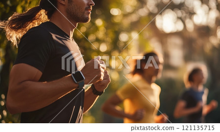 A man is running outdoors wearing a smartwatch. He is dressed in athletic gear 121135715