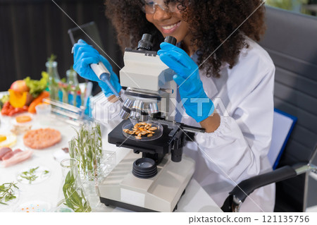 Microbiologist Working on Molecule Samples in Modern Food Science Laboratory, concentration of chemical residues. hazards, standard, find prohibited substances, contaminate. 121135756