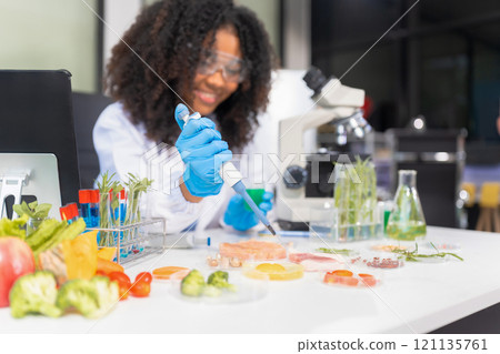 Microbiologist Working on Molecule Samples in Modern Food Science Laboratory, concentration of chemical residues. hazards, standard, find prohibited substances, contaminate. 121135761