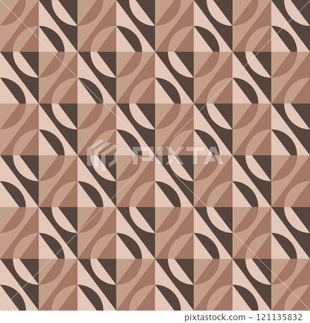 Geometric seamless pattern featuring interlocking circles and rhombuses in warm shades of brown, beige, and cream. Creates an optical illusion effect, suitable for textiles, wallpapers, backgrounds. 121135832