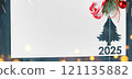 Christmas 2025 background. White paper with fir-tree shape cut for new year 2025 card on wooden table 121135882