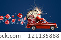 Christmas is coming. Santa Claus on toy car delivering New Year 2025 gifts and countdown clock at blue background with fireworks 121135888