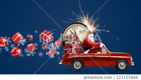 Christmas is coming. Santa Claus on toy car delivering New Year 2025 gifts and countdown clock at blue background with fireworks Christmas is coming. Santa Claus on toy car delivering New Year 2025 gifts and countdown clock at blue background with fireworks 121135888