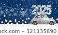 Christmas is coming. Santa Claus on toy car delivering New Year 2025 gifts and countdown clock at blue background with fireworks 121135890