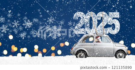 Christmas is coming. Santa Claus on toy car delivering New Year 2025 gifts and countdown clock at blue background with fireworks Christmas is coming. Santa Claus on toy car delivering New Year 2025 gifts and countdown clock at blue background with fireworks 121135890