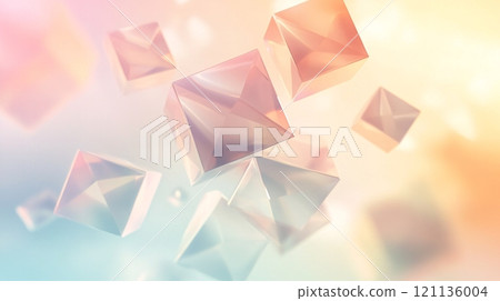 Asymmetrical geometric shapes appear to float in midair, featuring a light pastel gradient 121136004