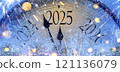 Countdown to midnight. Retro style clock counting last moments before Christmas or New Year 2025 121136079