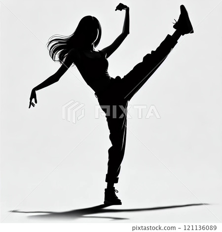 剪影:單腳高舉離地的動態姿勢 剪影:單腳高舉離地的動態姿勢 121136089