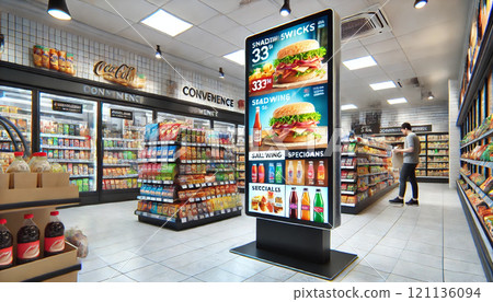 Digital signage installed in a convenience store Digital signage installed in a convenience store 121136094