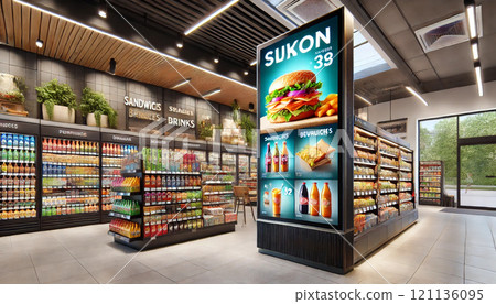 Digital signage installed in a supermarket Digital signage installed in a supermarket 121136095