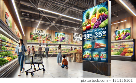 Digital signage installed in a supermarket 121136101