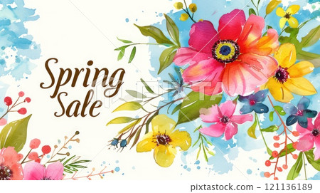Vibrant spring sale banner with watercolor flowers on blue. AI-generated content. 121136189
