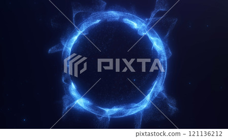 Blue glowing flowing ring of liqiud swirling plasma. Energy sphere of shiny dynamic wavy particles on dark abstract background. Magic orb, digital, futuristic, sci fi 121136212