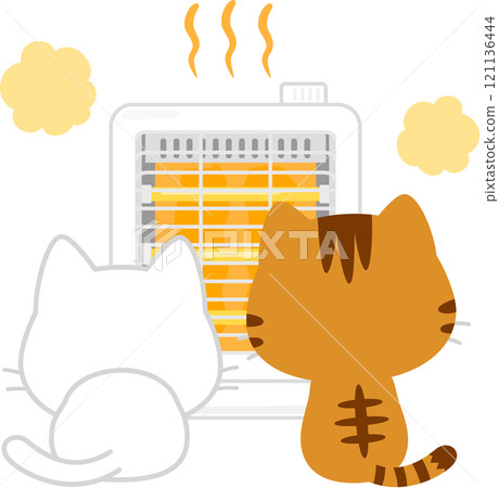 Two cats sitting in front of an electric heater 121136444