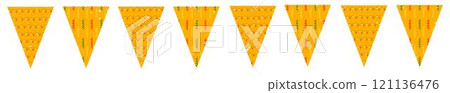 A garland of flags with garlands of light bulbs and doodle curls. 121136476