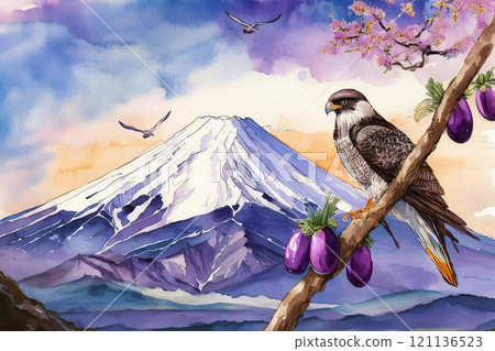 The dream of Fuji, a hawk and an eggplant The dream of Fuji, a hawk and an eggplant 121136523