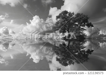 Black and white photograph of an island with a house in the middle, a large tree at the top, reflection, clouds. The mood is dreamy and ethereal. Mystical world. Lots of space for text. Banner 121136573