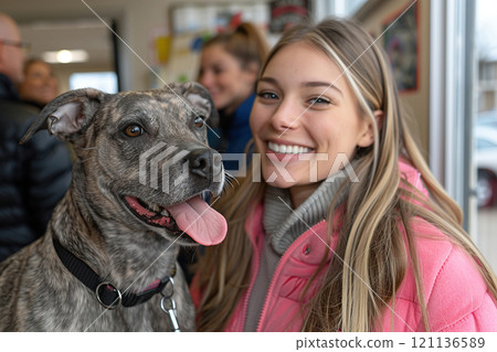 Image of a cute woman with long hair and blue eyes, wearing a pink jacket and smiling at the camera, next to her brindle Great Dane dog and waiting for help from pet store workers during the daytime. 121136589