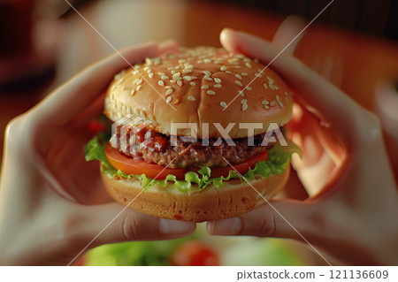 The hands of a teenager are holding an appetizing hamburger on a blurred background in a fast food restaurant. The child holds a hamburger in his hand. Cheap food concept. Unhealthy food.Copy space 121136609