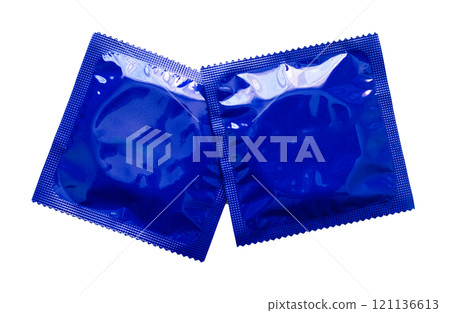 Blue latex condom packages mockup isolated transparent background, contraception and safe sex concept Blue latex condom packages mockup isolated transparent background, contraception and safe sex concept 121136613
