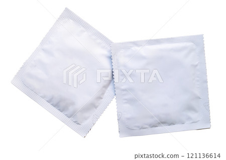 White latex condom packages mockup isolated white background, contraception and safe sex concept 121136614