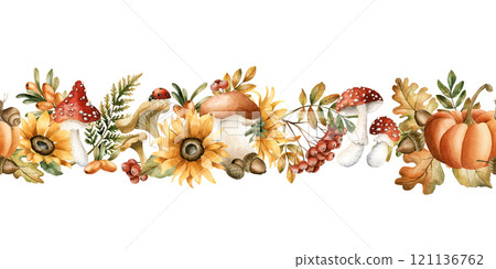 Autumn seamless border with fall leaves, mushrooms, flowers, insect and animal. Watercolor hand drawn floral isolated illustration for fall design, cozy cards, print, kitchen textile, home decor Autumn seamless border with fall leaves, mushrooms, flowers, insect and animal. Watercolor hand drawn floral isolated illustration for fall design, cozy cards, print, kitchen textile, home decor 121136762