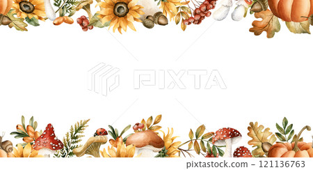 Autumn frame with fall leaves, mushrooms, flowers, insect and animal. Watercolor hand drawn floral isolated illustration for fall design, cozy cards, print, floral labels, kitchen textile, home decor Autumn frame with fall leaves, mushrooms, flowers, insect and animal. Watercolor hand drawn floral isolated illustration for fall design, cozy cards, print, floral labels, kitchen textile, home decor 121136763