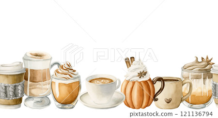 Coffee Latte Macchiato, Pumpkin Spice Dalgona Coffee and other autumn hot beverages seamless border. Watercolor hand painted isolated food illustration for cafe menu, cooking book, fall design, label 121136794