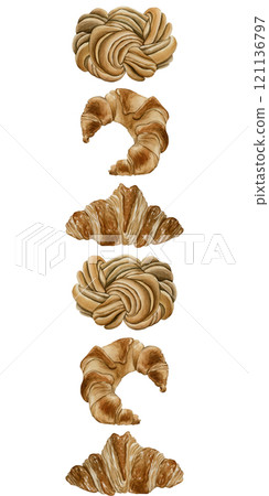 Croissants and cinnamon bun. Fresh bakery desserts seamless border. Watercolor food isolated illustration for Thanksgiving holiday, bakery design, cafe menu, kitchen textile, delicious prints, cards 121136797