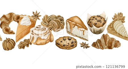 Autumn Pastry and Desserts Seamless Border. Fall sweets and hot beverages. Watercolor food illustration hand painted isolated on white background for Thanksgiving and fall design, cafe menu, cook book Autumn Pastry and Desserts Seamless Border. Fall sweets and hot beverages. Watercolor food illustration hand painted isolated on white background for Thanksgiving and fall design, cafe menu, cook book 121136799